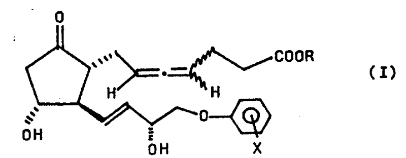 General structural formula I of 16-phenoxy prostaglandin trienoic acid derivatives showing variable R and X substituents