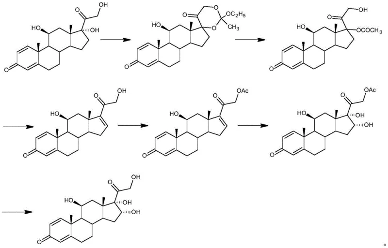Conventional synthetic route for 16α-hydroxyprednisolone showing multiple steps and complex intermediates