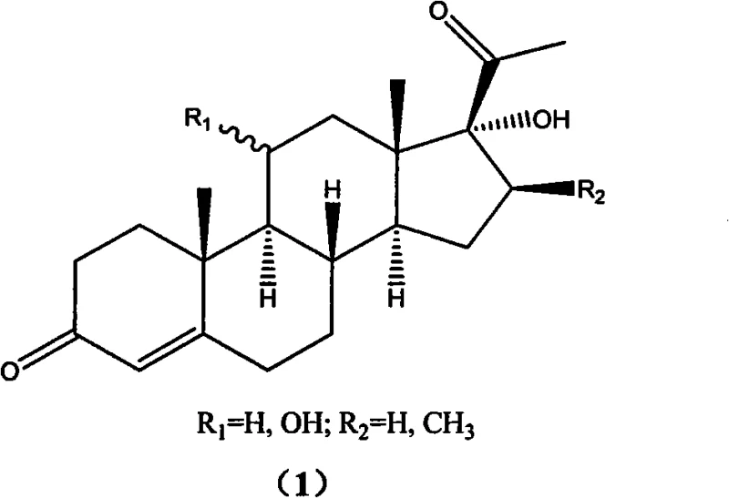 General chemical structure of 17 alpha-hydroxy progesterone and its analogues showing variable R1 and R2 groups