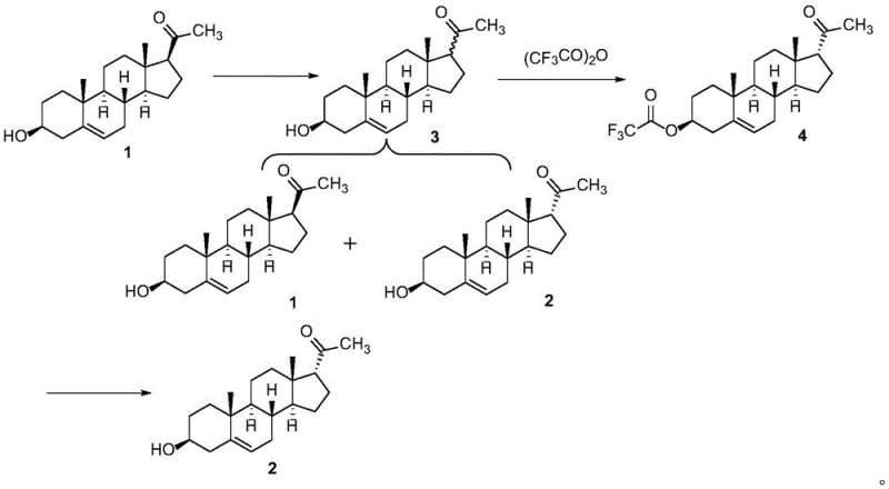 Overall reaction route showing isomerization of Compound 1 to Mixture 3, selective acylation to Compound 4, and hydrolysis to Compound 2