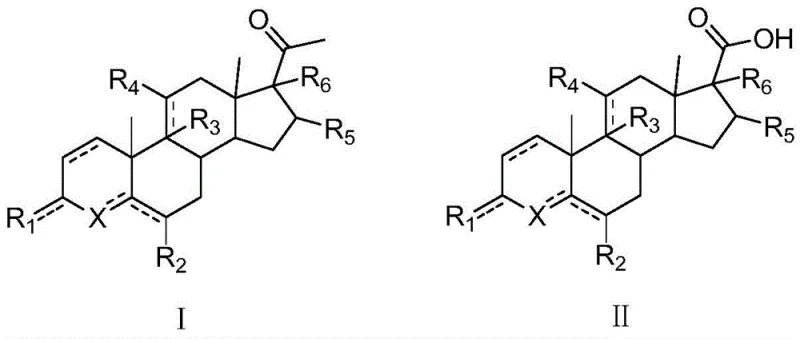 General reaction scheme converting 17-acetyl steroids (Formula I) to 17-carboxylic acid steroids (Formula II)