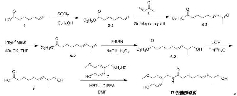 Complete synthetic route overview showing esterification, metathesis, Wittig, hydroboration, hydrolysis and amidation steps