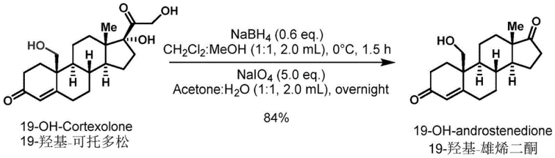 Reaction scheme for the conversion of 19-hydroxycortodoxone to 19-hydroxyandrostenedione using NaBH4 and NaIO4