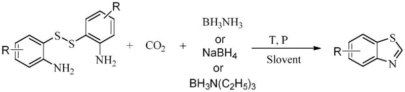 Reaction principle illustrating three different borohydride pathways (Ammonia borane, Sodium borohydride, Triethylamine borane) for synthesizing benzothiazole