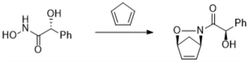 Reaction scheme showing asymmetric cycloaddition of N-acyl hydroxylamine with cyclopentadiene to form Intermediate I