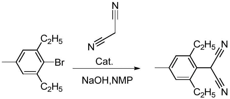 Reaction scheme showing the nickel-catalyzed coupling of 4-methyl-2,6-diethyl bromobenzene with malononitrile
