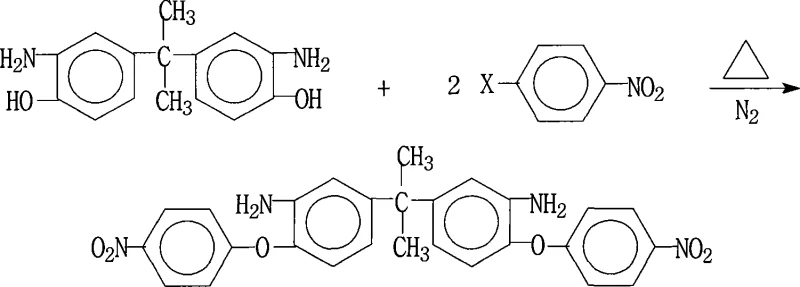 Reaction scheme showing the synthesis of 2,2-bis[3-amino-4-(4-nitrophenoxy)phenyl]propane via nucleophilic substitution