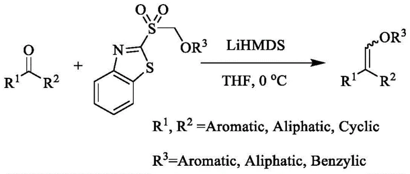 Conventional synthesis using specialized sulfone reagents showing complex stoichiometry and conditions
