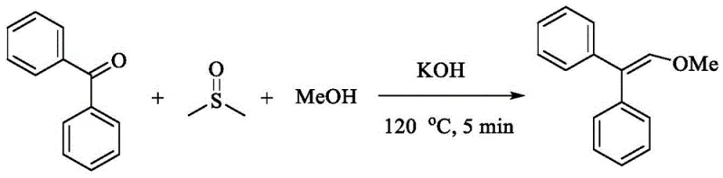 Specific reaction scheme of benzophenone and methanol yielding 2,2-diphenyl vinyl methyl ether with 95% yield