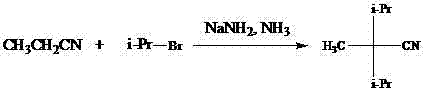 Prior art synthesis route using propionitrile and 2-bromopropane with sodium amide in liquefied ammonia