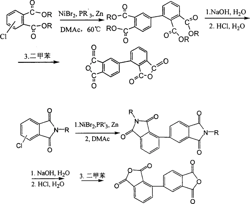 Reaction scheme showing nickel-catalyzed coupling of chlorophthalic esters to form biphenyl tetracarboxylic derivatives
