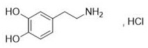 Chemical structure of Dopamine Hydrochloride showing the catechol and ethylamine backbone