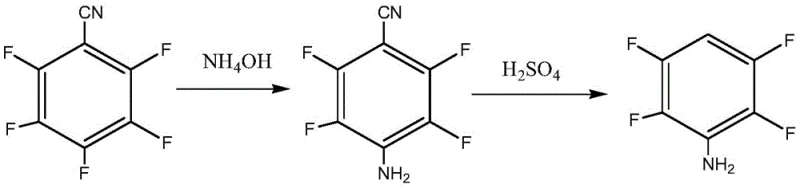Reaction scheme showing the conversion of 2,3,4,5,6-pentafluorobenzonitrile to 2,3,5,6-tetrafluoroaniline via an amino-nitrile intermediate