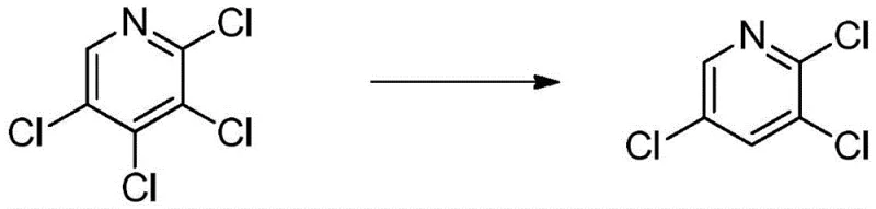 Chemical reaction scheme showing the reduction of 2,3,4,5-tetrachloropyridine to 2,3,5-trichloropyridine using zinc powder