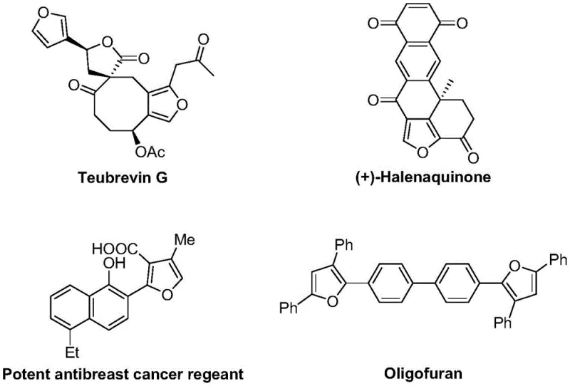 Structural examples of natural products and materials containing trisubstituted furan scaffolds