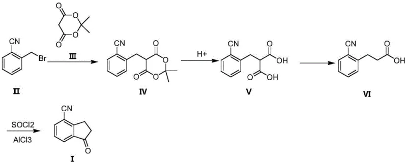 Complete synthetic route from 2-cyanobenzyl bromide to 2,3-dihydro-1-oxo-1H-indene-4-carbonitrile showing condensation, hydrolysis, decarboxylation and cyclization steps