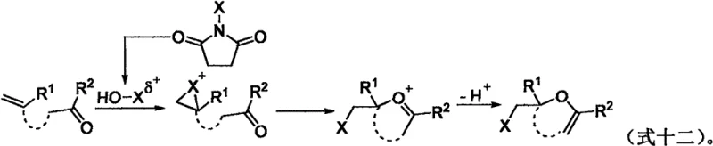 Proposed reaction mechanism for the halocyclization showing electrophilic addition and cyclization steps