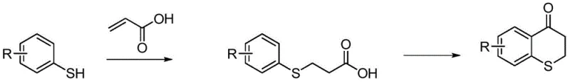 General reaction scheme showing the synthesis of 2,3-dihydrothiochromen-4-one from aromatic thiophenol and acrylic acid via a thioether intermediate