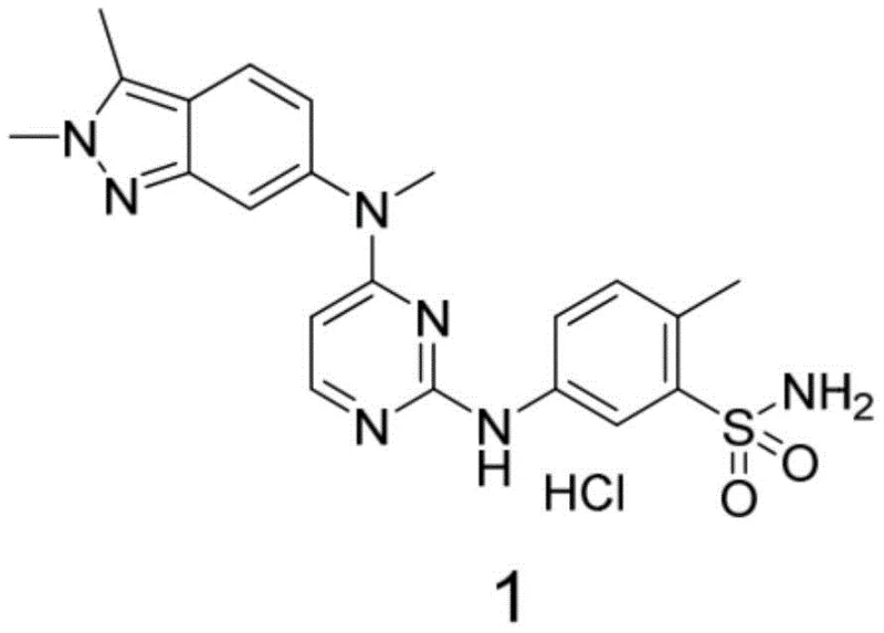Chemical structure of Pazopanib Hydrochloride showing the position of the 2,3-dimethyl-6-amino-2H-indazole moiety