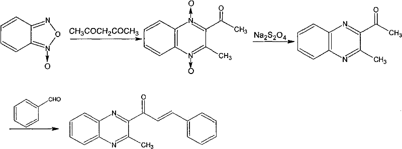 Complete three-step synthetic route from benzofurazan to 2-[(3-phenyl)propenone]-3-methylquinoxaline showing condensation, reduction, and aldol reaction
