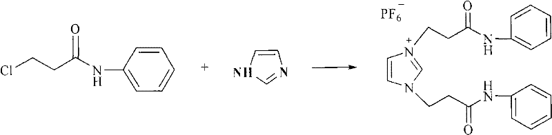 Synthesis pathway of the 1,3-bis(N-phenylcarbamoylethyl)imidazolium hexafluorophosphate ionic liquid