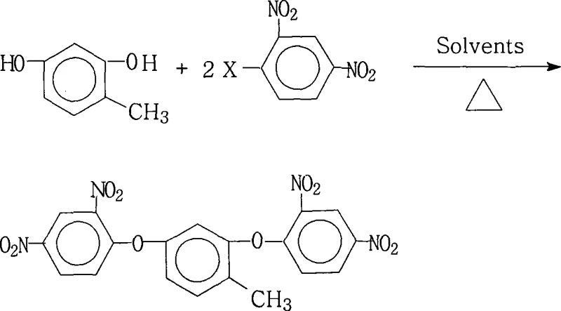 Chemical reaction scheme showing the synthesis of 2,4-bis(2,4-dinitrophenoxy)toluene from 2,4-dihydroxytoluene and 2,4-dinitrohalobenzene