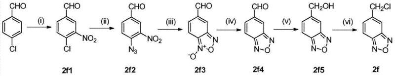 Multi-step synthesis route for 5-chloromethyl-2,1,3-benzoxadiazole showing nitration, azidation and cyclization