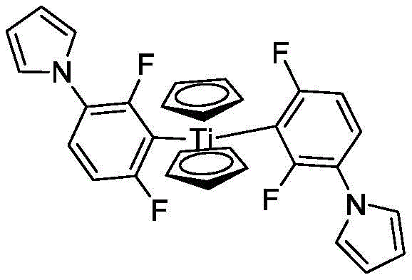 Chemical structure of Photoinitiator FMT (Bis(2,6-difluoro-3-pyrrolylphenyl)titanocene) showing the core titanocene framework
