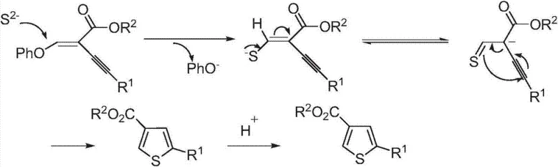Detailed reaction mechanism showing nucleophilic attack and cyclization steps for thiophene formation