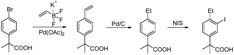 Prior art synthesis route using expensive Palladium catalyst and Suzuki coupling