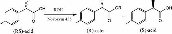 Reaction scheme showing lipase catalyzed esterification resolution of 2-(4-methylphenyl)propionic acid enantiomers into R-ester and S-acid