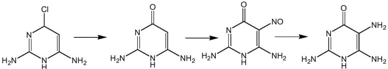 Conventional synthesis route via 2,6-diamino-4-chloropyrimidine showing low yield