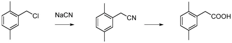 Traditional cyanation route for 2,5-dimethylphenylacetic acid synthesis showing toxic NaCN usage
