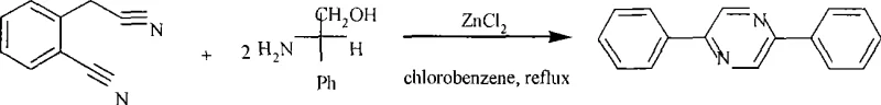 Reaction scheme showing the ZnCl2 catalyzed synthesis of 2,5-diphenylpyrazine from 2-cyanophenylacetonitrile and L-leucinol