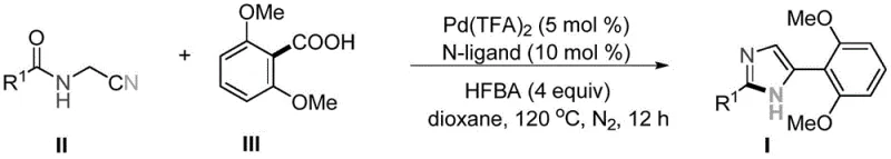 General reaction scheme showing Pd-catalyzed decarboxylative cyclization of cyano-amides and benzoic acid to form 2,5-disubstituted imidazoles