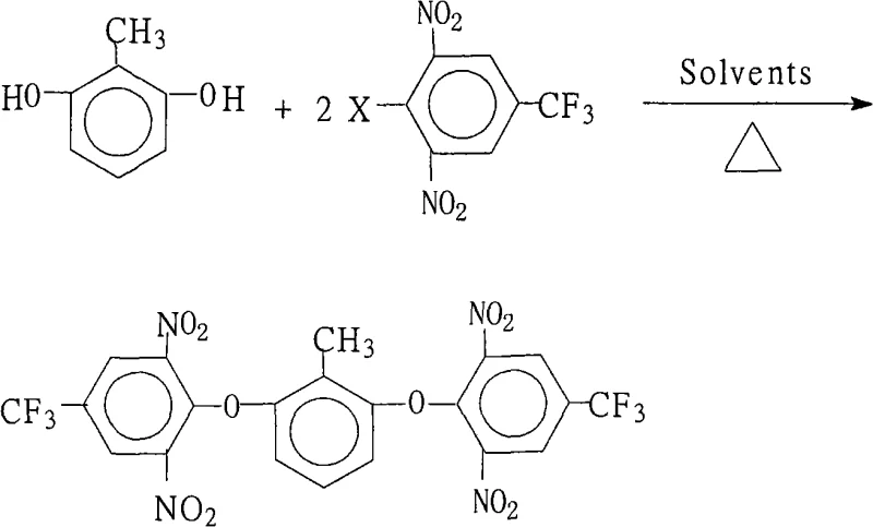 Reaction scheme showing the nucleophilic aromatic substitution of 2,6-dihydroxytoluene with 2,6-dinitro-4-trifluoromethyl halobenzene to form the target polyimide intermediate