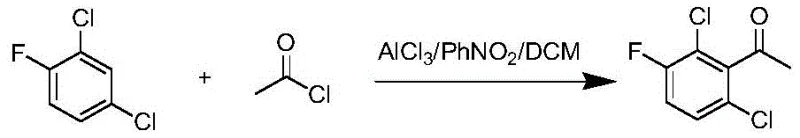 Reaction scheme showing the Friedel-Crafts acylation of 2,4-dichlorofluorobenzene with acetyl chloride catalyzed by AlCl3 in a mixed solvent system to produce 2,6-dichloro-3-fluoro acetophenone