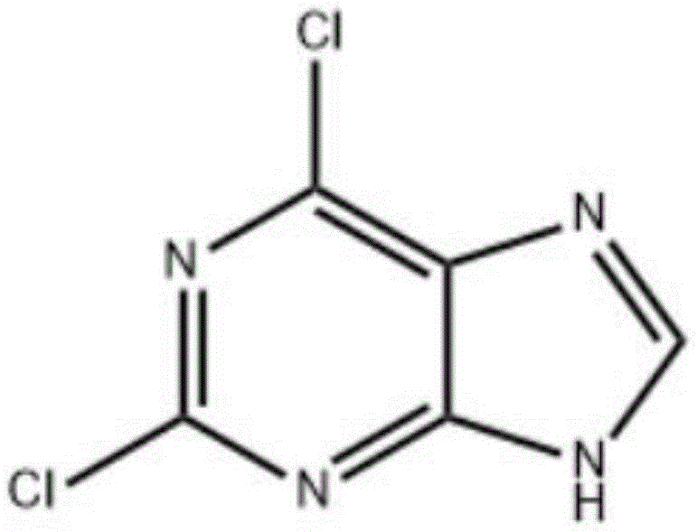 Chemical structure of 2,6-dichloropurine showing the purine backbone with chlorine substitutions at positions 2 and 6
