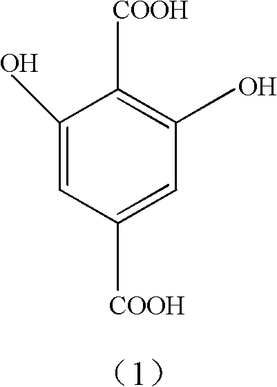 Chemical structure of 2,6-dihydroxyterephthalic acid showing the benzene ring with hydroxyl and carboxyl substituents