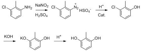 Conventional synthesis route of 2,6-dihydroxytoluene from 3-chloro-2-methylaniline showing high waste generation