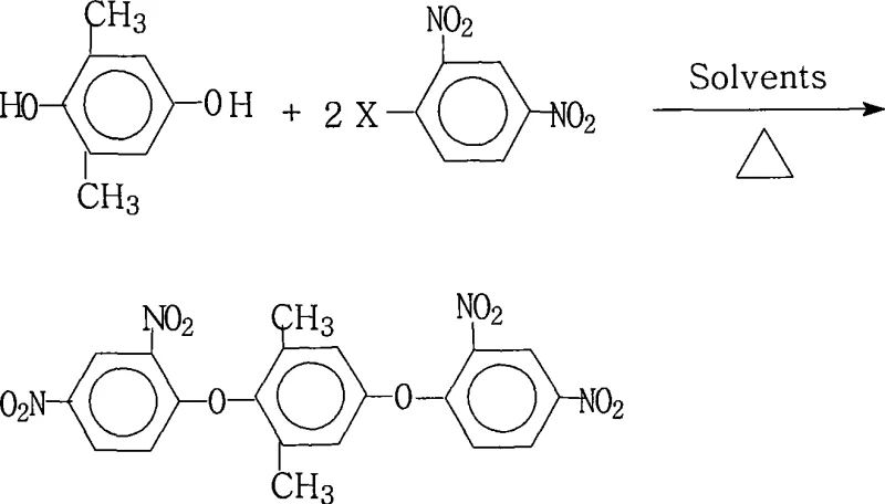 Chemical reaction scheme showing the synthesis of 2,6-dimethyl-1,4-bis(2,4-dinitrophenoxy)benzene from 2,6-dimethylhydroquinone and 2,4-dinitrohalobenzene
