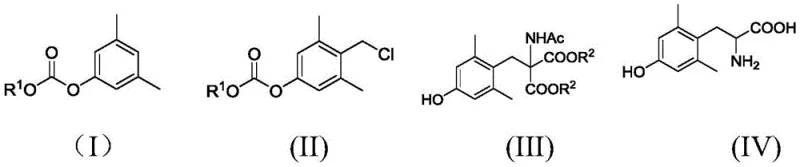 Reaction scheme showing the three-step synthesis of 2,6-dimethyl-tyrosine from O-alkoxycarbonyl-3,5-dimethylphenol via chloromethylation and malonate condensation