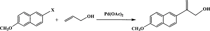 Reaction equation showing the Heck coupling of 2-halo-6-methoxynaphthalene with allyl alcohol to form the Naproxen intermediate