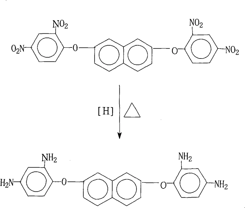 Chemical reaction scheme showing the reduction of 2,7-bis(2,4-dinitrophenoxy)naphthalene to 2,7-bis(2,4-diaminophenoxy)naphthalene using hydrazine hydrate and Pd/C catalyst