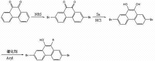 Overall synthetic route showing bromination with NBS, reduction with Sn/HCl, and final condensation with aromatic compounds