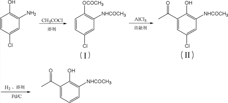 Complete reaction scheme showing acylation, Fries rearrangement, and hydrogenation steps