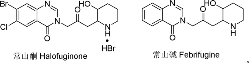 Chemical structures of Halofuginone and Febrifugine showing the core piperidine and quinazolinone rings
