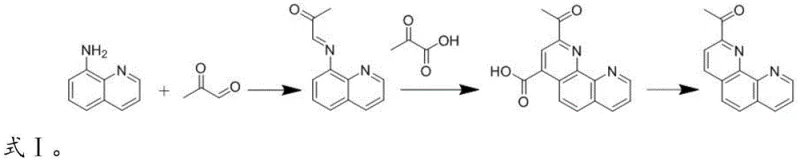 Reaction scheme showing the three-step synthesis of 2-acetyl-1,10-phenanthroline via Schiff base formation, Doebner cyclization, and decarboxylation