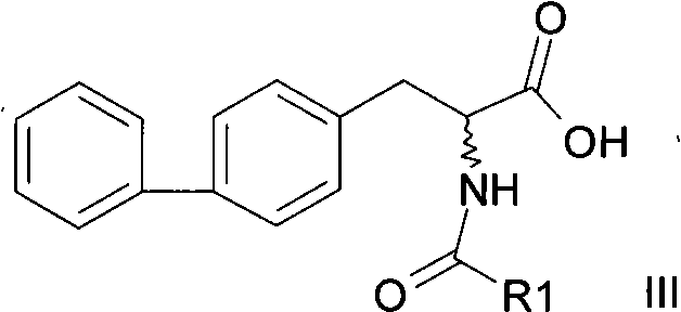 General structural formula of 2-acylamino-3-biphenylpropionic acid showing variable R1 groups
