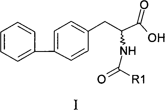 General chemical structure of 2-acylamino-3-biphenylpropionic acid showing variable R groups